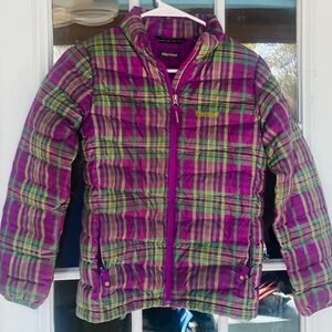 Marmot Girl’s Hera 700 Fill Puffer Down Jacket Berry Plaid Large (10-12)